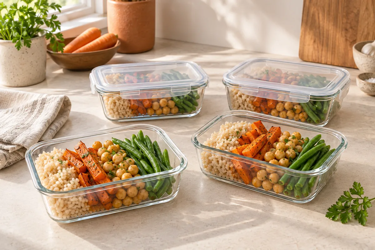 Glass containers filled with rice, chickpeas, and vegetables on a kitchen counter