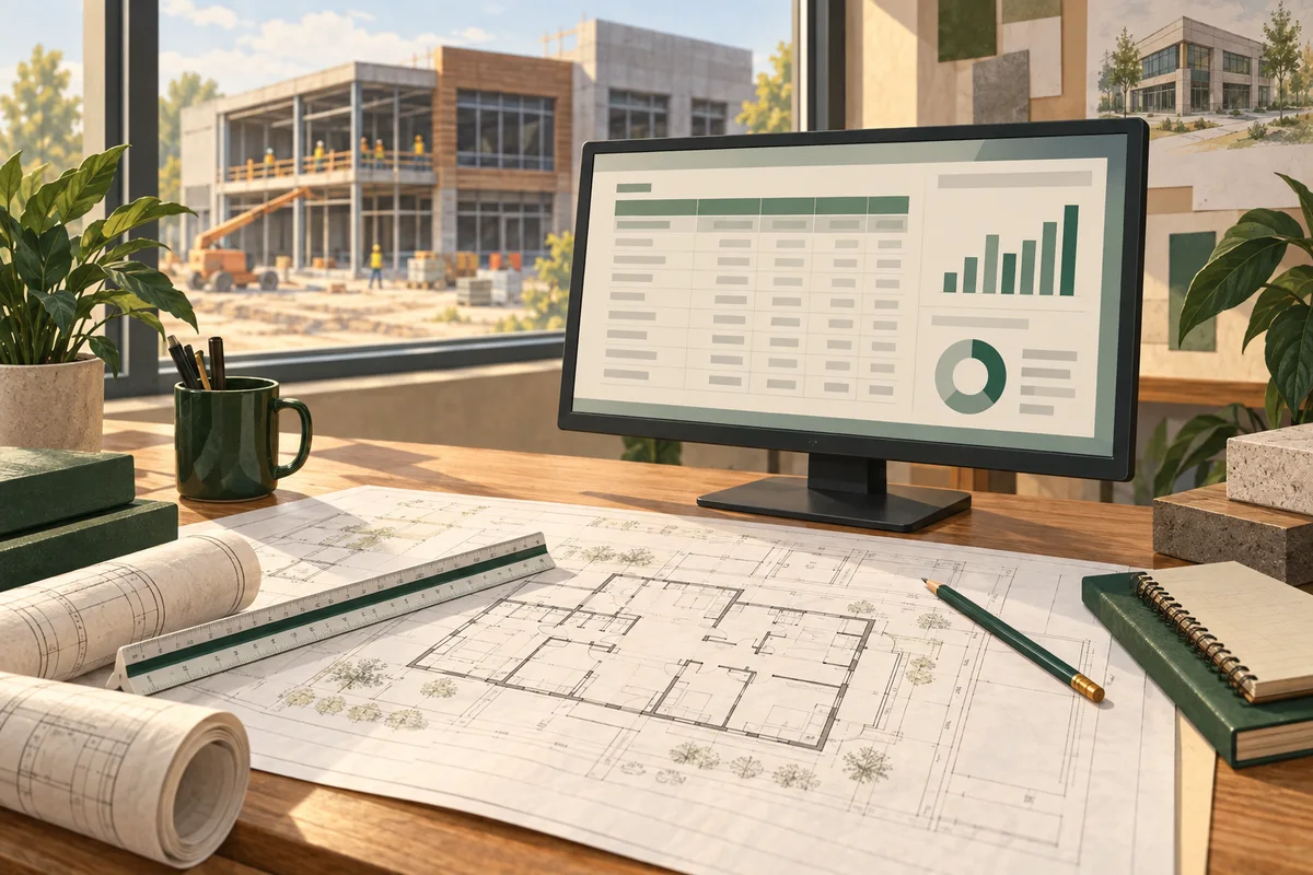 Illustration of building plans and a cost table on a construction estimator's desk